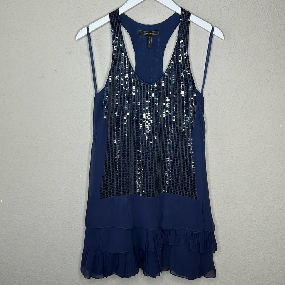 BCBGMaxAzria South‎ Pacific Navy Blue Silk Sequined Racerback Slip Dress Size XS
